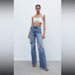 Light wash high waist extra long wide leg with rips Jean